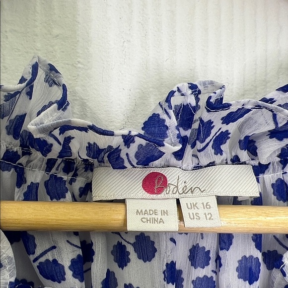 Boden - Florence Blue And White Floral Ruffle Long Sleeve  Mesh Blouse Size 12 - Picture 8 of 10